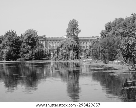 LONDON, UK - JUNE 11, 2015: St James Park with Buckingham Palace in the background in black and white
