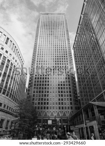 LONDON, UK - JUNE 10, 2015: The Canary Wharf business centre is the largest business district in the United Kingdom in black and white