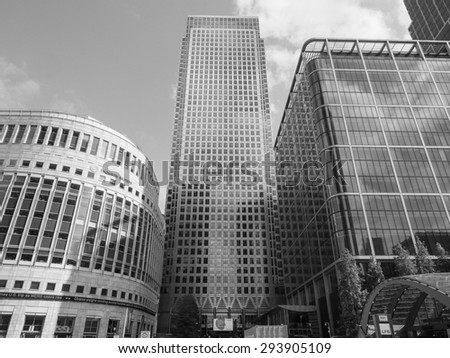 LONDON, UK - JUNE 10, 2015: The Canary Wharf business centre is the largest business district in the United Kingdom in black and white