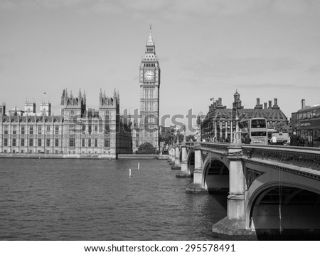 LONDON, UK - JUNE 10, 2015: Houses of Parliament aka Westminster Palace seen from Westminster Bridge in black and white
