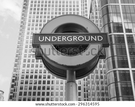 LONDON, UK - JUNE 10, 2015: Tube sign of London Underground subway in black and white