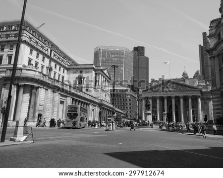 LONDON, UK - JUNE 11, 2015: People visiting the Bank of England in black and white