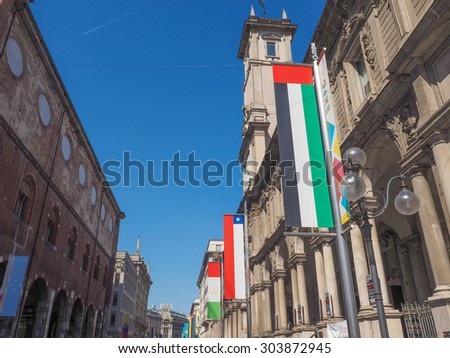 MILAN, ITALY - MARCH 28, 2015: Flags from all countries of the world on show in Milan city centre as part of the Expo Milano 2015 international exhibition