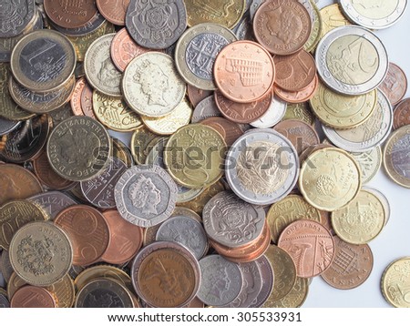 LONDON, UK - AUGUST 01, 2015: Euro and Pounds coins currency of European Union and United Kingdom