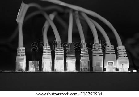 Switch and ethernet cables used in networking in black and white