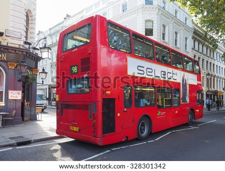 LONDON, UK - SEPTEMBER 28, 2015: Red double decker bus for public transport in central London