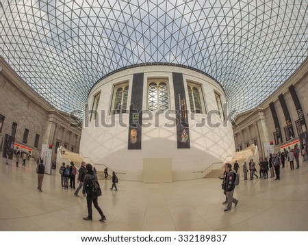 LONDON, UK - SEPTEMBER 28, 2015: Tourists in the Great Court at the British Museum designed by architect Lord Norman Foster opened in year 2000 seen with fisheye lens