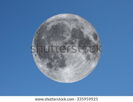 Full moon seen with an astronomical telescope over the blue sky with stars (taken with my own telescope, no NASA images used)