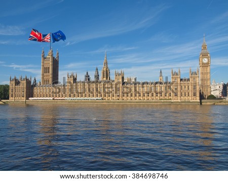 Parliament with two flags: June 23 referendum, Should the United Kingdom remain a member of the European Union or leave the European Union. The poll is aka Brexit meaning Britain exit