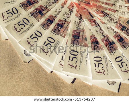 Vintage looking Fifty British Pound banknotes currency of the United Kingdom
