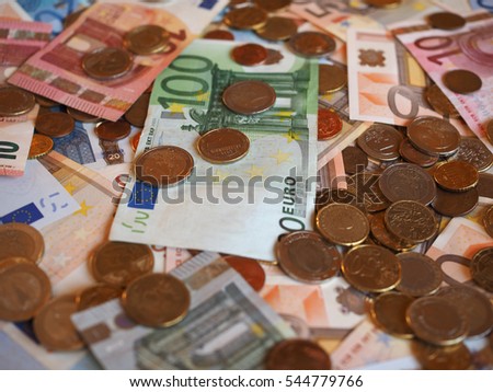 Euro (EUR) banknotes and coins, currency of European Union (EU)