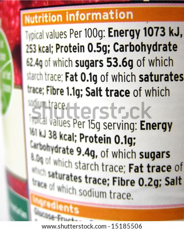 Nutrition information label on marmelade jam