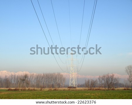 Electric transmission line tower mast with wires