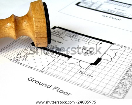 Technical architectural CAD drawing with rubber stamp