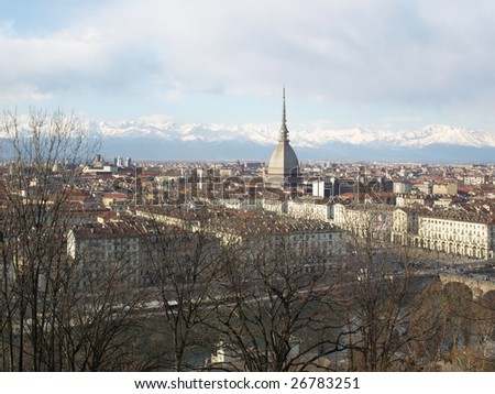 Turin panorama seen from the hill, with Mole Antonelliana (famous ugly wedding cake architecture)