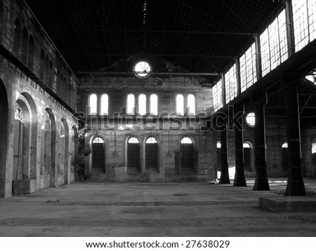Abandoned factory industrial archeology architecture in black and white