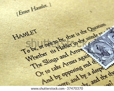 UK - CIRCA 1964: Shakespeare Festival Stamp, United Kingdom, 1964 over ancient Hamlet text from First Folio, circa 1964.