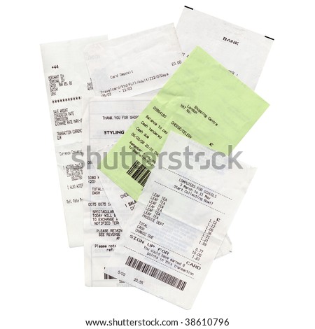 Supermarket receipts isolated over white - names and logos removed