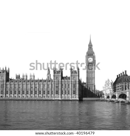 Houses of Parliament Big Ben, Westminster Palace, London, UK - isolated over white with copy space