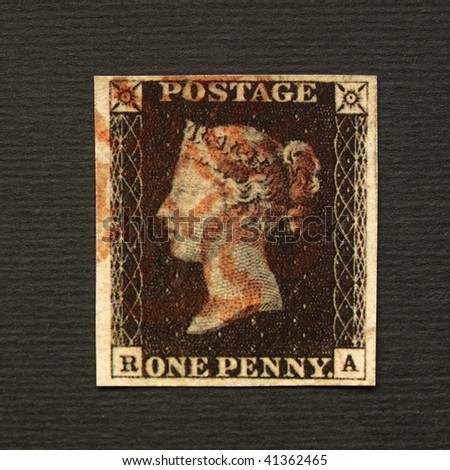 UK - CIRCA 1840: A Penny Black stamp (first stamp in the world) with red cancellation, London, UK, circa 1840