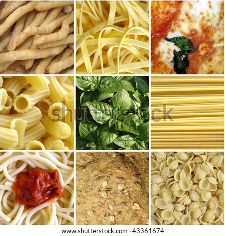 Italian food collage including 9 pictures of pasta, bread, pizza