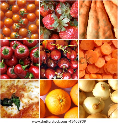 Food collage including 9 pictures of vegetables and fruit