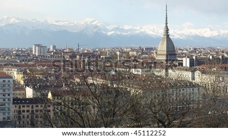 Turin panorama seen from the hill, with Mole Antonelliana (famous ugly wedding cake architecture) - (16:9 ratio)