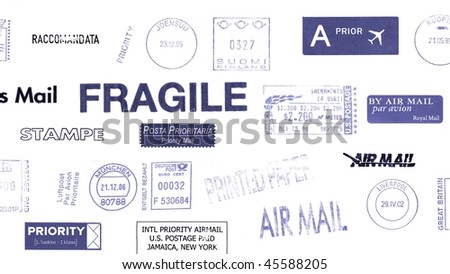 Postage meters, rubber stamps, mail labels isolated over white - (16:9 ratio)