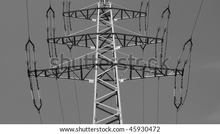 Electric transmission line tower mast with wires - (16:9 black and white)