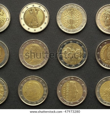 Range of European 2 Euro coins from many countries including Germany, France, Italy, Ireland, Spain, Portugal, Denmark