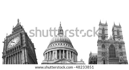London landmarks isolated: Big Ben, St Paul's Cathedral Westminster Abbey