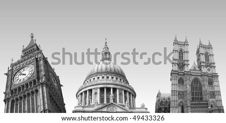 London landmarks over blue sky: Big Ben, St Paul\'s Cathedral, Westminster Abbey
