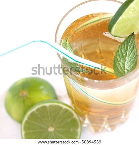 Cocktail mixed alcoholic drink with lime and peppermint