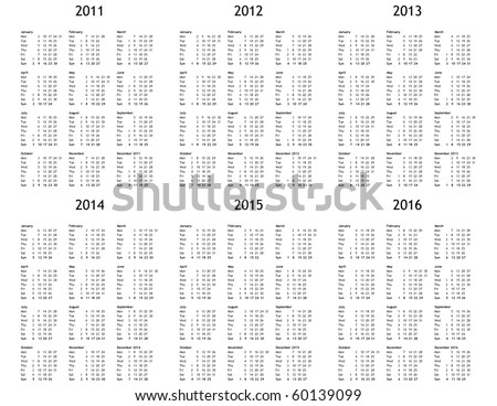 Year Calendar Print on Multi Year Calendar 2011 2012 2013 2014 2015 2016 Stock Photo 60139099