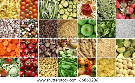 stock photo : Food collage including pictures of vegetables, fruit, pasta