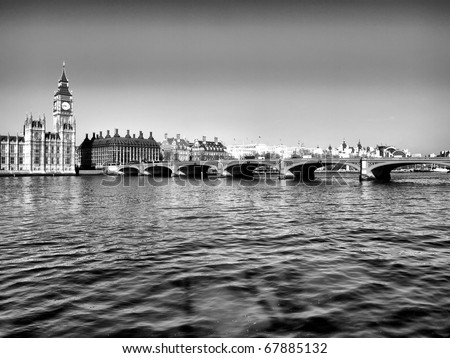 Westminster bridge panorama view in London, UK - high dynamic range HDR - black and white