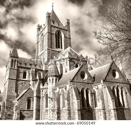 Christ Church, Dublin - ancient gothic cathedral architecture - high dynamic range HDR - black and white