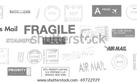 Postage meters, rubber stamps, mail labels isolated over white - (16:9 black and white)