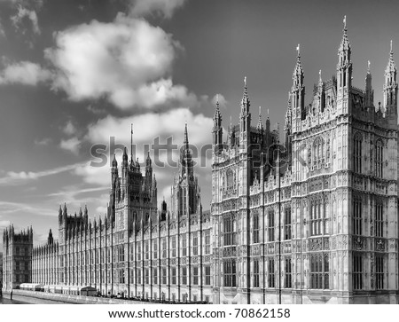 Houses of Parliament, Westminster Palace, London gothic architecture - high dynamic range HDR - black and white - rectilinear frontal view