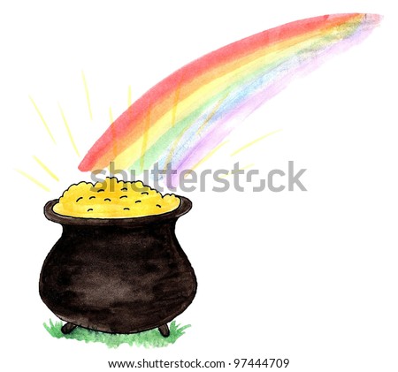 Rainbow and pot of gold, pot of gold at the end of a rainbow, St. Patrick\'s Day gold and rainbow
