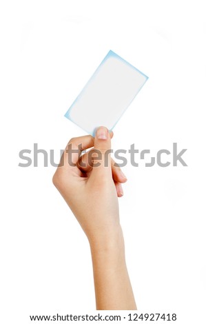 Woman handed blank business card in hand.