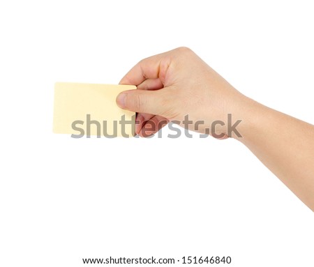 Businessman\'s hand in a golden holding blank paper business card, closeup isolated over white background