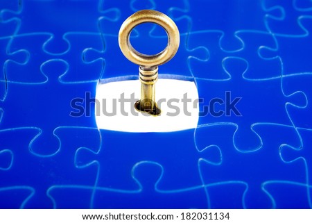 Jigsaw Puzzle with the missing piece, with a key to open