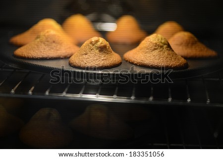Cake cooking golden in oven