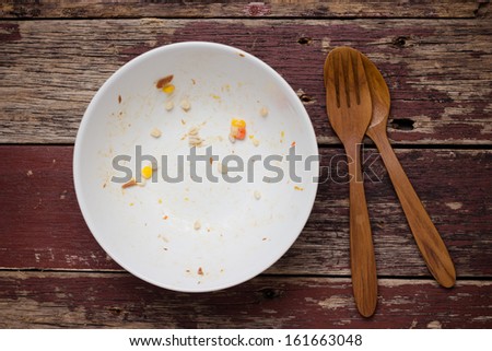 An empty plate, dirty after the meal is finished. View from above.