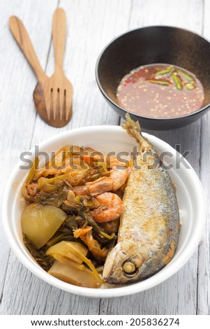 Rice and curry, hot and sour soup, SPICY SHRIMP PATE AND FRIED MACKERAL FISH
