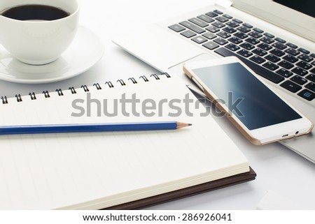 Blue pencil with Book and cup of coffee on white background