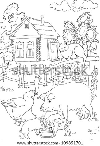coloring  cat, pig, house