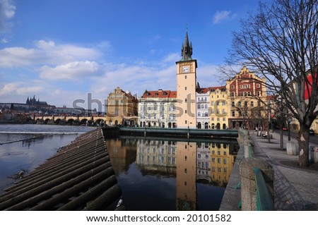 Prague Water Works with Karls Bridge and Prague Castle in the background.