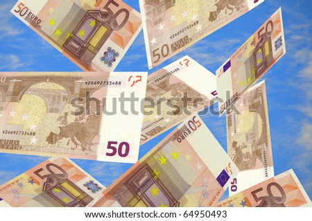 50 EURO Bank Notes falling through the air.